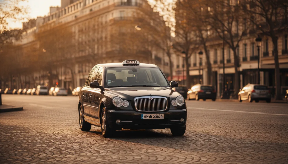 Taxi parisien sur un boulevard haussmannien au coucher du soleil